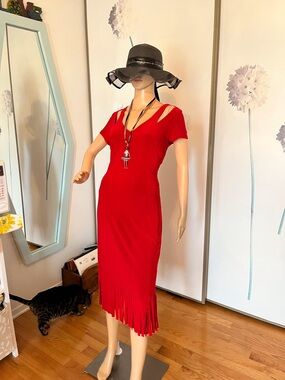 Joseph Ribkoff Red Cutout Fringe Midi Dress